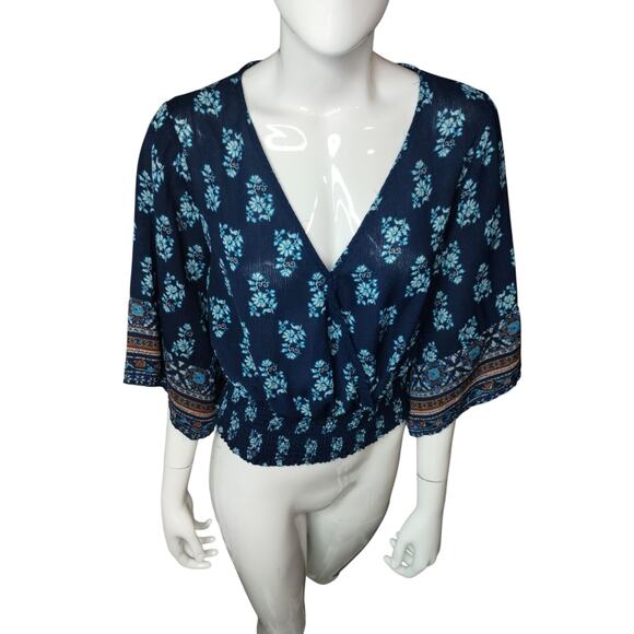 Twine & String Womens Large Top Kimono Sleeve Mosaic Floral Smocked Waist Boho - Picture 5 of 13